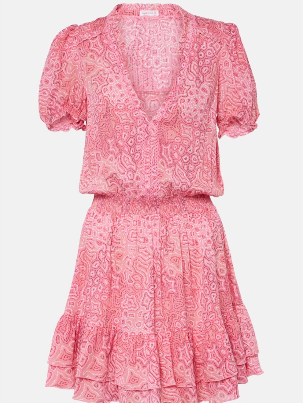 Poupette St. Barth Pink Printed V-Neck Tiered Mini Dress